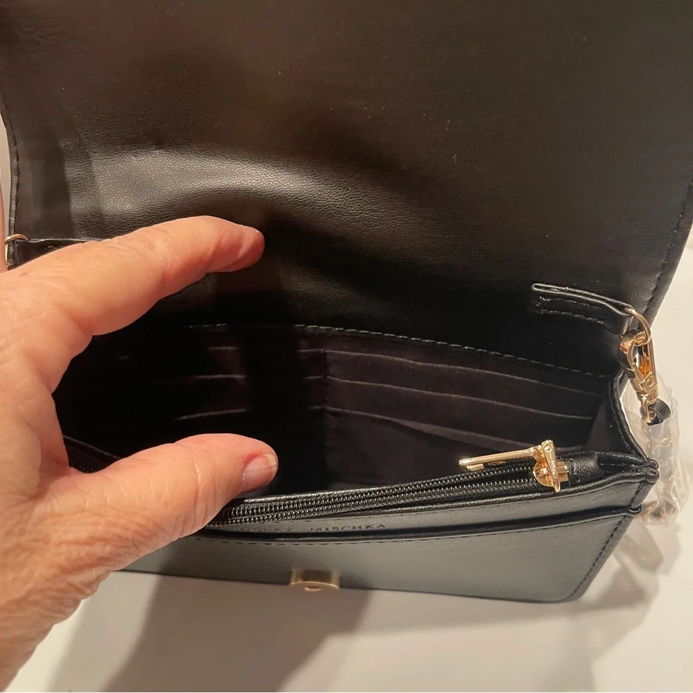 NWT Badgley Mischka Black Sequin Satin & Vegan Leather Crossbody Clutch Money‎
